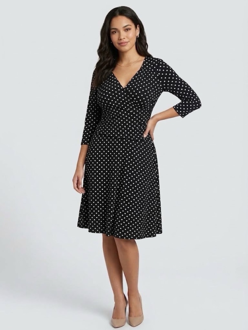 NWT b-slim Petite Black & White Polka Dot Faux-Wrap Dress - PXL